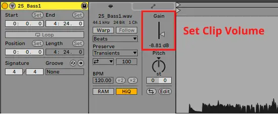 Using the audio clip gain to set the input level for gain staging in Ableton Live