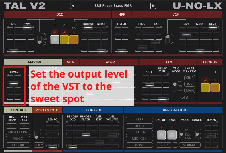 Setting the input level of a MIDI track with the output of the VST instrument.
