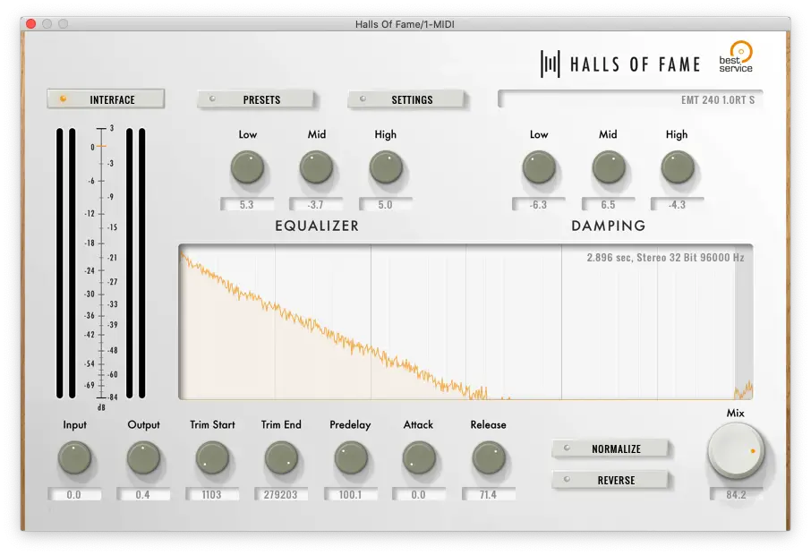 The GUI of Best Services Hall of Fame reverb plugin